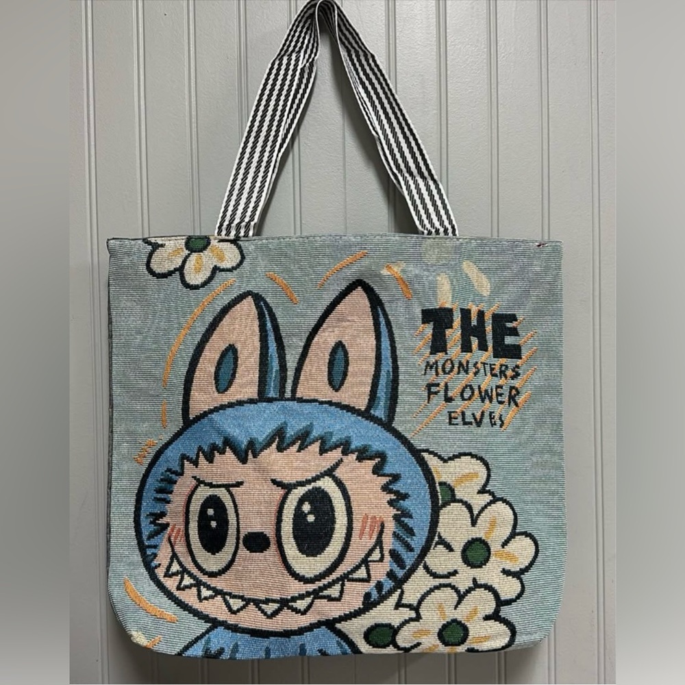 Monster Flower Tote Bag Labubu style - Blue and Gray